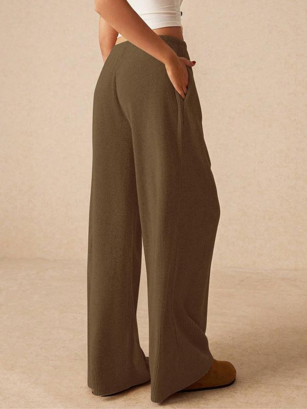 Women's Plain Drawstring Waist Wide Leg Pants, Casual Pocket Trousers for Daily Wear, Ladies Bottoms for All Seasons